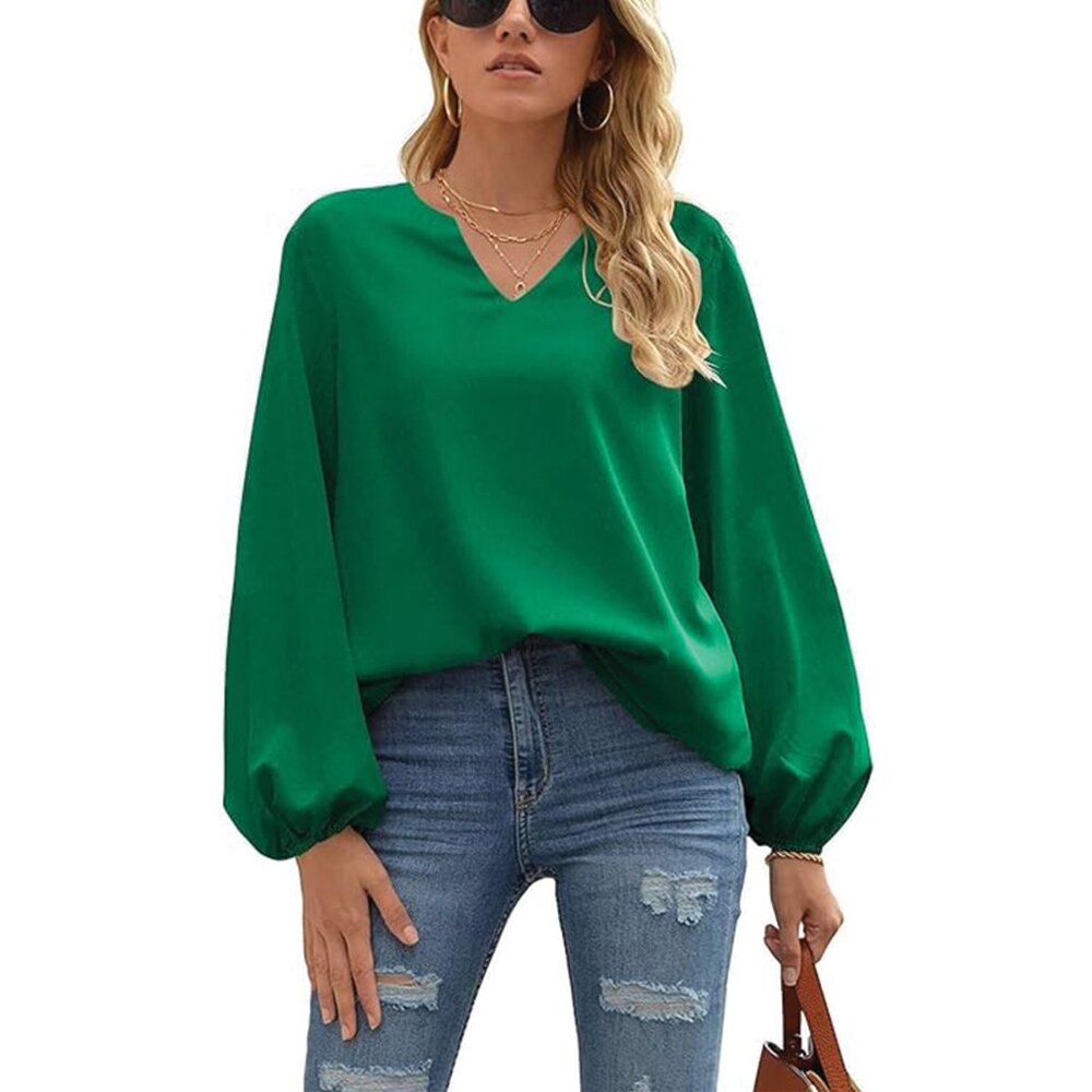 2137 - ELESOL Women's V-Neck Green LS Lightweight Balloon Sleeve Blouse (Small)
